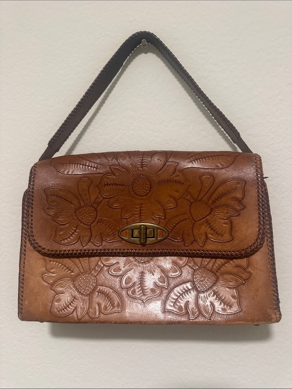 Hand-Tooled Floral Leather Shoulder Bag - Brown